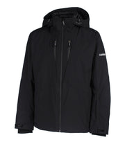 A black jacket with a front zip closure, two zippered chest pockets, a hood, and a zippered hand pockets.
