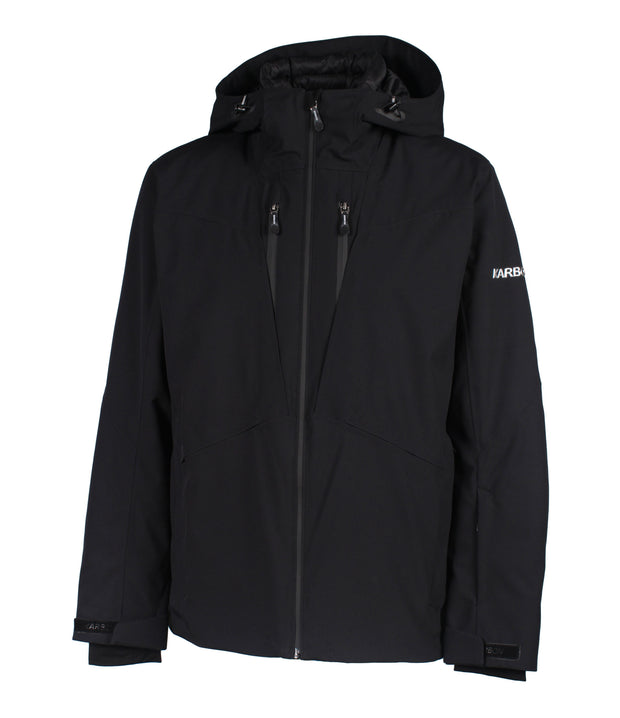 A black jacket with a front zip closure, two zippered chest pockets, a hood, and a zippered hand pockets.