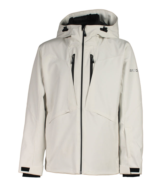 A beige jacket with a front zip closure, two zippered chest pockets, a hood, and a zippered hand pockets.