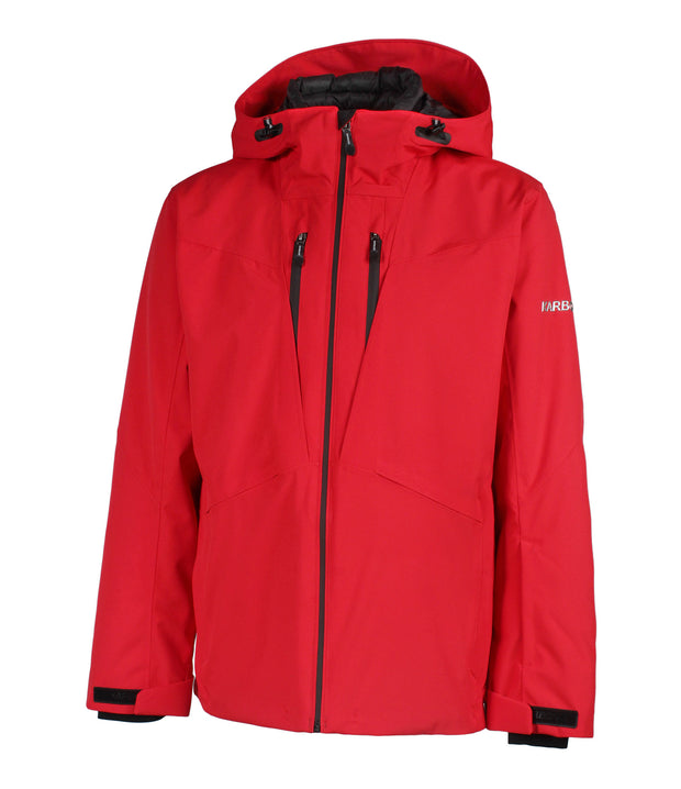 A red jacket with a front zip closure, two zippered chest pockets, a hood, and a zippered hand pockets.
