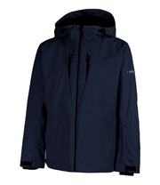 A navy blue jacket with a front zip closure, two zippered chest pockets, a hood, and a zippered hand pockets.