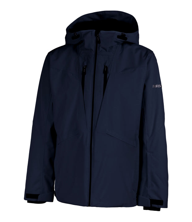 A navy blue jacket with a front zip closure, two zippered chest pockets, a hood, and a zippered hand pockets.