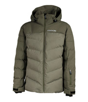 A two-tone puffer with dark green hood, shoulders, and arms, paired with a subtle chevron quilting lighter green body. This jacket features a front zip closure, zippered hand pockets, a zippered pocket near left wrist and an adjustable hood.