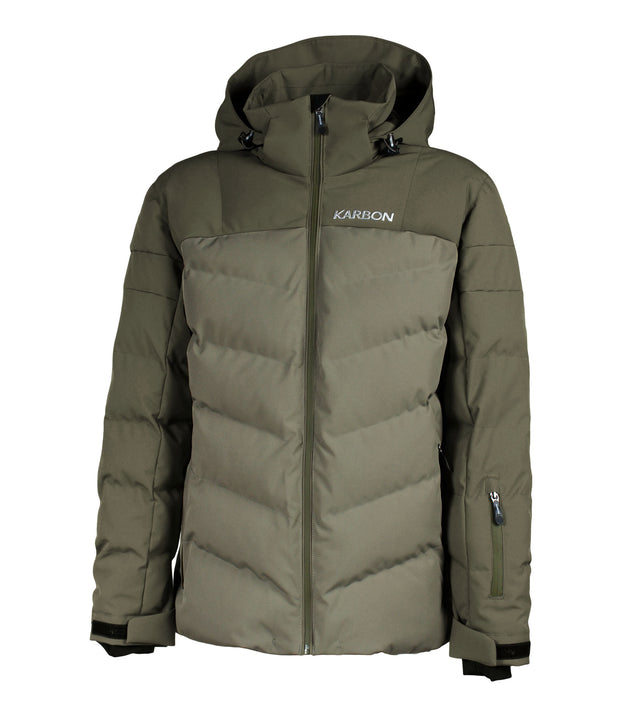 A two-tone puffer with dark green hood, shoulders, and arms, paired with a subtle chevron quilting lighter green body. This jacket features a front zip closure, zippered hand pockets, a zippered pocket near left wrist and an adjustable hood.