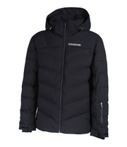 A black puffer with a front zip closure, a zippered pocket near left wrist and an adjustable hood. The jacket features subtle chevron quilting on the body and Velcro cuff tabs.
