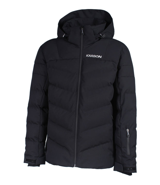 A black puffer with a front zip closure, a zippered pocket near left wrist and an adjustable hood. The jacket features subtle chevron quilting on the body and Velcro cuff tabs.