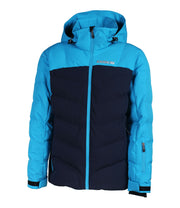 A two-tone puffer with dark green hood, shoulders, and arms, paired with a subtle chevron quilting lighter green body. This jacket features a front zip closure, zippered hand pockets, a zippered pocket near left wrist and an adjustable hood.