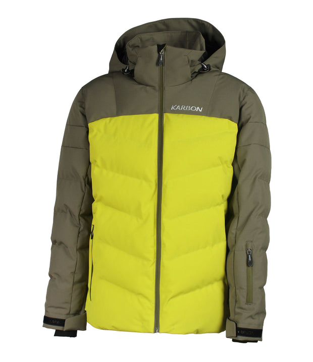 A two-tone puffer with dark green hood, shoulders, and arms, paired with a subtle chevron quilting bright green body. This jacket features a front zip closure, zippered hand pockets, a zippered pocket near left wrist and an adjustable hood.