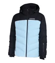 A two-tone puffer with black hood, shoulders, and arms, paired with a subtle chevron quilting blue body. This jacket features a front zip closure, zippered hand pockets, a zippered pocket near left wrist and an adjustable hood.