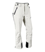 A pair of white snow pants with 3/4 2-way side zip, zippered hand pockets, double layer fabric guard, and an adjustable waistband with belt loops.