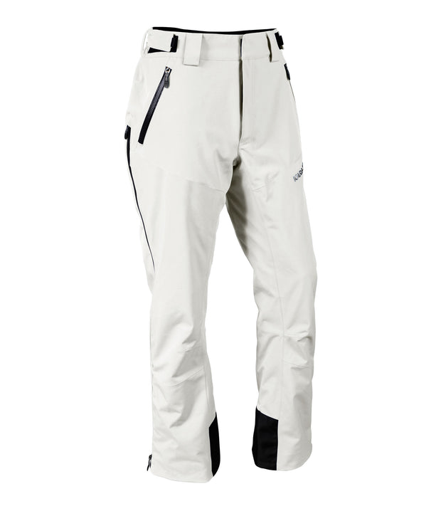 A pair of white snow pants with 3/4 2-way side zip, zippered hand pockets, double layer fabric guard, and an adjustable waistband with belt loops.