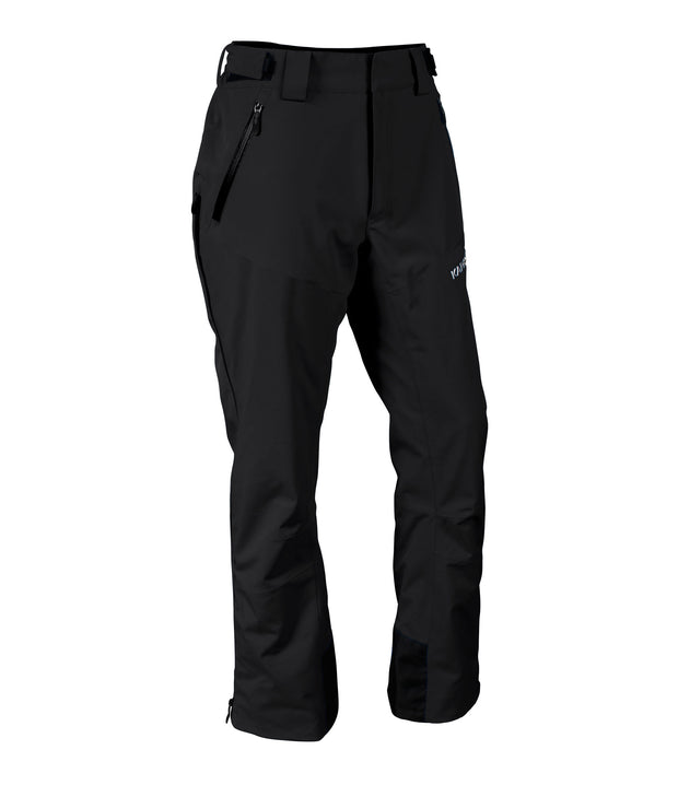A pair of black snow pants with 3/4 2-way side zip, zippered hand pockets, double layer fabric guard, and an adjustable waistband with belt loops.