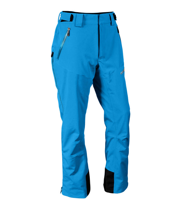 A pair of blue snow pants with 3/4 2-way side zip, zippered hand pockets, double layer fabric guard, and an adjustable waistband with belt loops.
