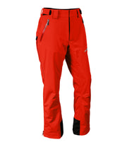 A pair of red snow pants with 3/4 2-way side zip, zippered hand pockets, double layer fabric guard, and an adjustable waistband with belt loops.