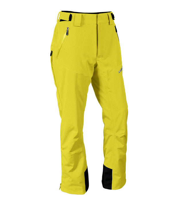 A pair of light green snow pants with 3/4 2-way side zip, zippered hand pockets, double layer fabric guard, and an adjustable waistband with belt loops.