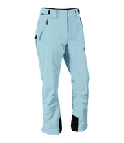 A pair of light blue snow pants with 3/4 2-way side zip, zippered hand pockets, double layer fabric guard, and an adjustable waistband with belt loops.