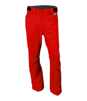 A pair of men's red snow pants with zippered hand pockets, and an adjustable waistband with belt loops.