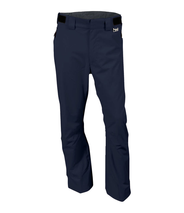 A pair of men's navy blue snow pants with zippered hand pockets, and an adjustable waistband with belt loops.