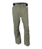 A pair of men's green snow pants with zippered hand pockets, and an adjustable waistband with belt loops.