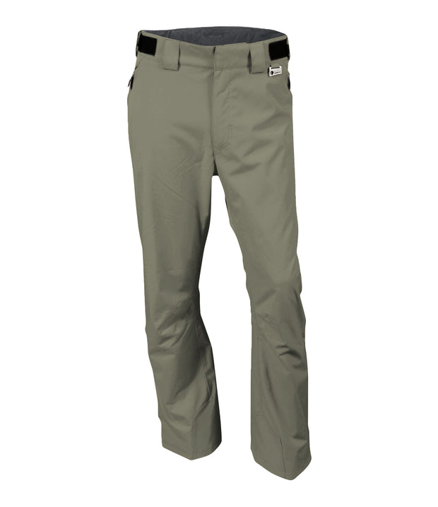 A pair of men's green snow pants with zippered hand pockets, and an adjustable waistband with belt loops.