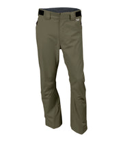 A pair of men's green snow pants with zippered hand pockets, and an adjustable waistband with belt loops.