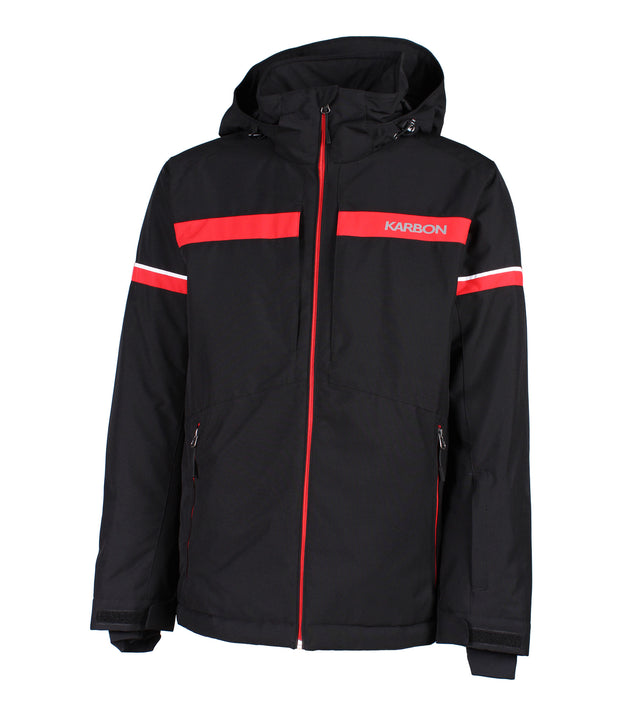 A black jacket with a bold red horizontal stripe across the chest. The jacket features a front zip closure, a zippered sleeve pocket with a flap near the wrist, and an adjustable hood. Red and white stripe accents run along the arms.