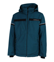 A green jacket with a bold red horizontal stripe across the chest. The jacket features a front zip closure, a zippered sleeve pocket with a flap near the wrist, and an adjustable hood. Black and white stripe accents run along the arms.