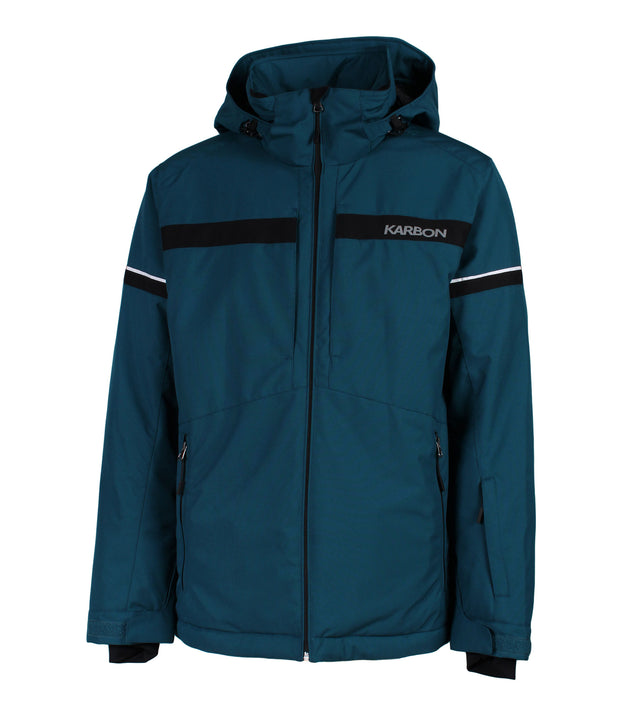 A green jacket with a bold red horizontal stripe across the chest. The jacket features a front zip closure, a zippered sleeve pocket with a flap near the wrist, and an adjustable hood. Black and white stripe accents run along the arms.
