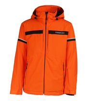 A orange jacket with a bold black horizontal stripe across the chest. The jacket features a front zip closure, a zippered sleeve pocket with a flap near the wrist, and an adjustable hood. Black and white stripe accents run along the arms.