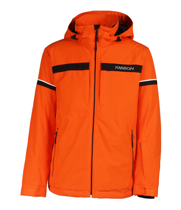 A orange jacket with a bold black horizontal stripe across the chest. The jacket features a front zip closure, a zippered sleeve pocket with a flap near the wrist, and an adjustable hood. Black and white stripe accents run along the arms.
