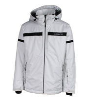 A white jacket with a bold black horizontal stripe across the chest. The jacket features a front zip closure, a zippered sleeve pocket with a flap near the wrist, and an adjustable hood. Black stripe accents run along the arms.