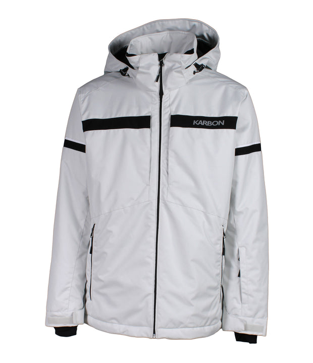A white jacket with a bold black horizontal stripe across the chest. The jacket features a front zip closure, a zippered sleeve pocket with a flap near the wrist, and an adjustable hood. Black stripe accents run along the arms.