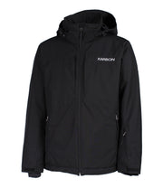 A black jacket features a front zip closure, a zippered sleeve pocket on the left arm, an adjustable wrists with velcro tabs, and an adjustable hood. 