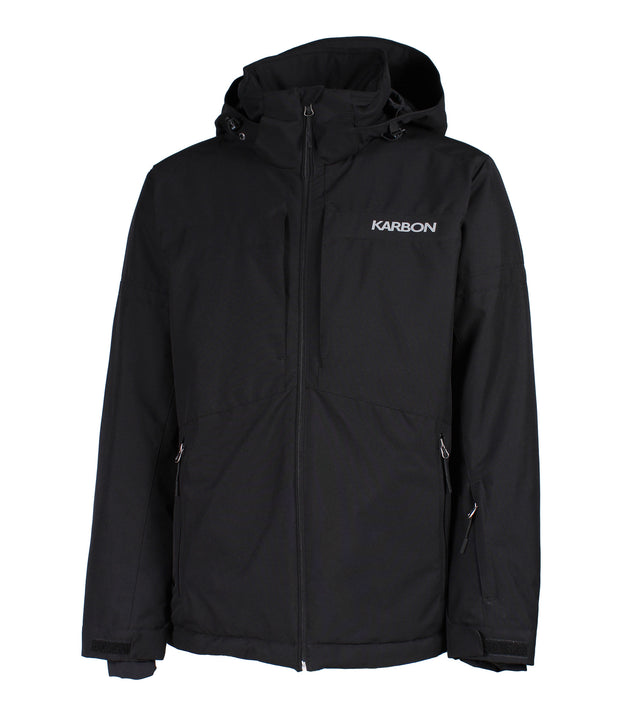 A black jacket features a front zip closure, a zippered sleeve pocket on the left arm, an adjustable wrists with velcro tabs, and an adjustable hood. 