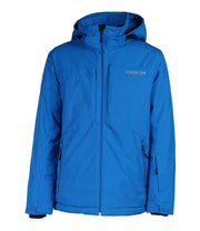 A blue jacket features a front zip closure, a zippered sleeve pocket on the left arm, an adjustable wrists with velcro tabs, and an adjustable hood. 