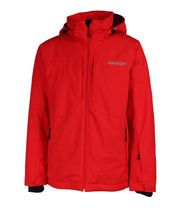 A red jacket features a front zip closure, a zippered sleeve pocket on the left arm, an adjustable wrists with velcro tabs, and an adjustable hood. 