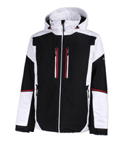 A color-blocked jacket with a white hood, shoulders, and lower sleeves, paired with a black body and upper arms. The jacket features a front zip closure, two vertical zippered chest pockets with red and white accents, and zippered side pockets. Red stripe details run across the upper forearms.
