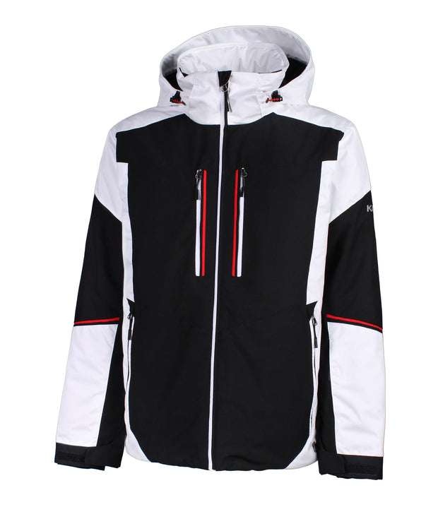 A color-blocked jacket with a white hood, shoulders, and lower sleeves, paired with a black body and upper arms. The jacket features a front zip closure, two vertical zippered chest pockets with red and white accents, and zippered side pockets. Red stripe details run across the upper forearms.