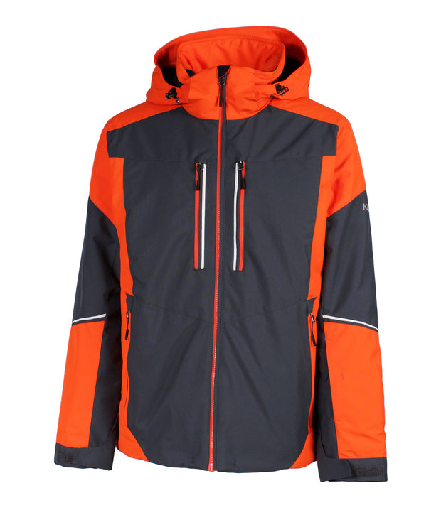 A color-blocked jacket with a orange hood, shoulders, and lower sleeves, paired with a grey body and upper arms. The jacket features a front zip closure, two vertical zippered chest pockets with orange and white accents, and zippered side pockets. White stripe details run across the upper forearms.