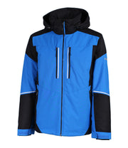A color-blocked jacket with a black hood, shoulders, and lower sleeves, paired with a blue body and upper arms. The jacket features a front zip closure, two vertical zippered chest pockets with black and white accents, and zippered side pockets. White stripe details run across the upper forearms.