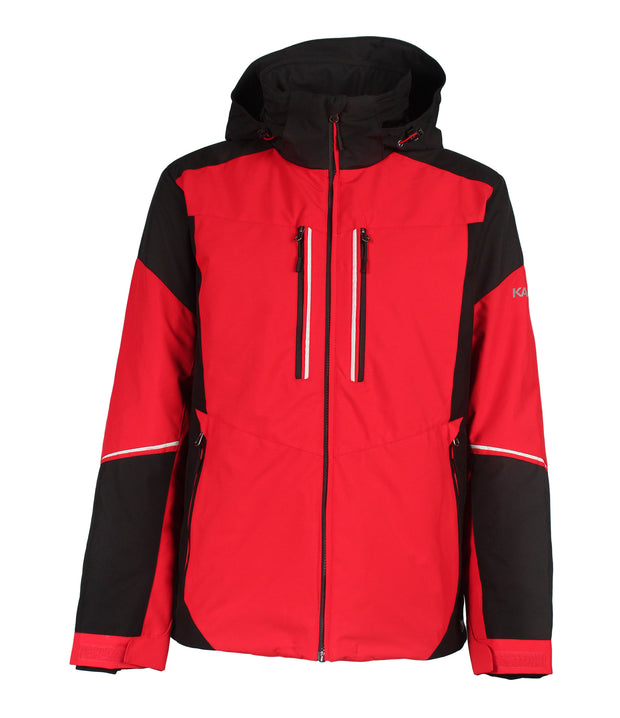 A color-blocked jacket with a black hood, shoulders, and lower sleeves, paired with a red body and upper arms. The jacket features a front zip closure, two vertical zippered chest pockets with black and white accents, and zippered side pockets. White stripe details run across the upper forearms.
