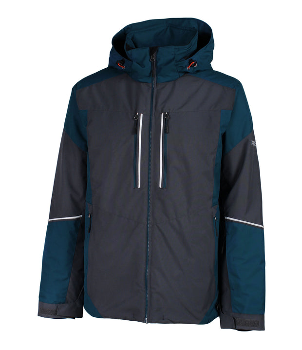 A color-blocked jacket with a green hood, shoulders, and lower sleeves, paired with a grey body and upper arms. The jacket features a front zip closure, two vertical zippered chest pockets with green and white accents, and zippered side pockets. White stripe details run across the upper forearms.