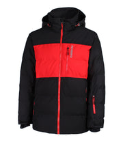 A men's color-blocked puffer jacket in three colours — black and red — featuring an adjustable hood, front zip closure, and a chest pocket.