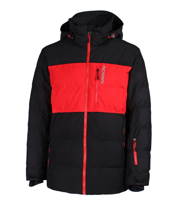 A men's color-blocked puffer jacket in three colours — black and red — featuring an adjustable hood, front zip closure, and a chest pocket.