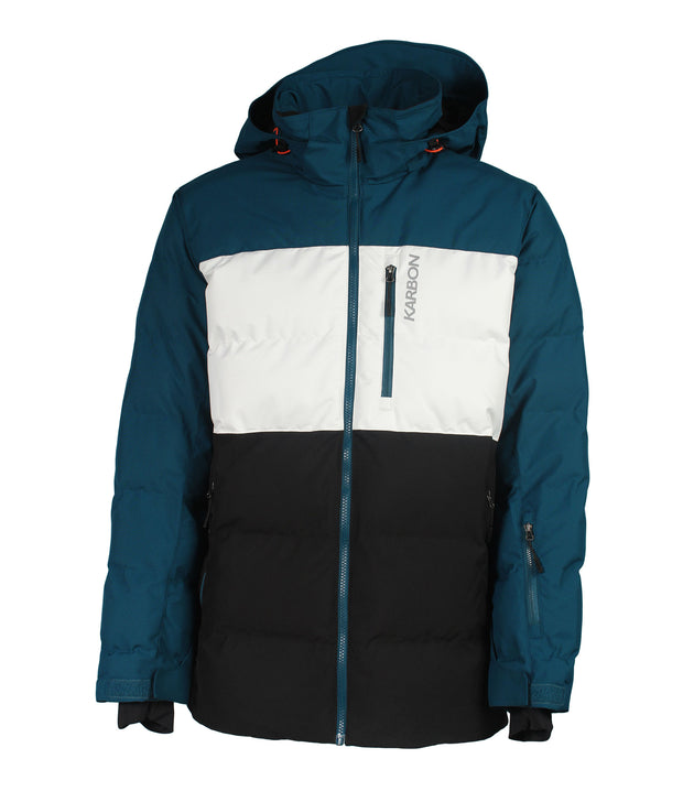A men's color-blocked puffer jacket in three colours — green, white, and black — featuring an adjustable hood, front zip closure, and a chest pocket.