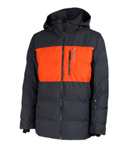 A men's color-blocked puffer jacket in three colours — grey and orange — featuring an adjustable hood, front zip closure, and a chest pocket.