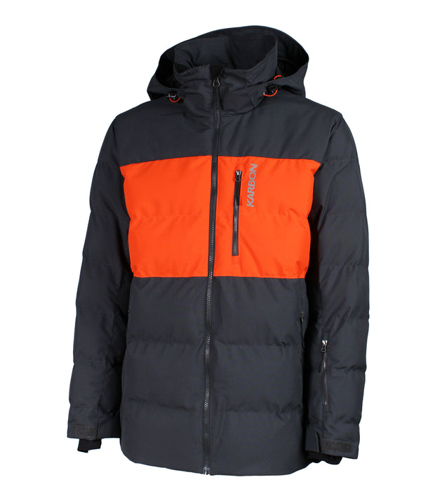 A men's color-blocked puffer jacket in three colours — grey and orange — featuring an adjustable hood, front zip closure, and a chest pocket.