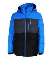 A men's color-blocked puffer jacket in three colours — blue, grey, and black — featuring an adjustable hood, front zip closure, and a chest pocket.