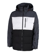 A men's color-blocked puffer jacket in three colours — grey, white, and black — featuring an adjustable hood, front zip closure, and a chest pocket.