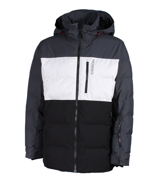 A men's color-blocked puffer jacket in three colours — grey, white, and black — featuring an adjustable hood, front zip closure, and a chest pocket.